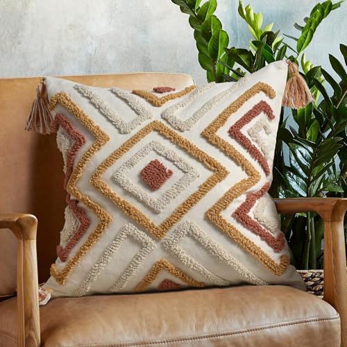 Boho Pillow Covers 18X18 Inch Boho Tufted Throw Pillow Covers Decorative Tassels Cushion Cover Farmhouse Pillow Case for Couch Sofa Bed Living Room Bedroom