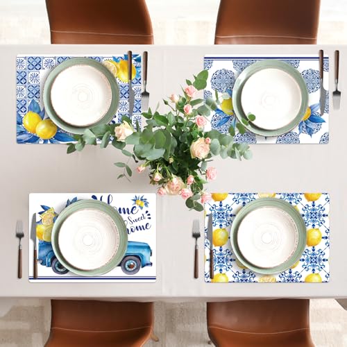 Blue and Yellow Lemons Placemats Set of 6 17×12 Inch Summer Lemon (6 Count)
