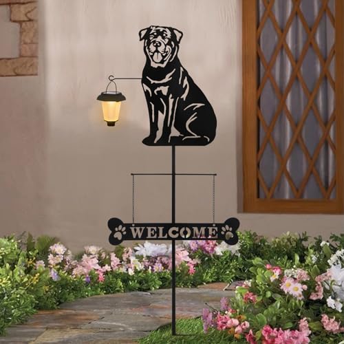Solar Rottweiler Silhouette Dog Breed Welcome Sign with a Lantern