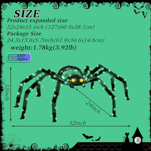 4.2Ft Giant Spider Halloween Decorations Outdoor 52" Light Up Spider with 90 LED Lights for Front Yard (Zz-002)