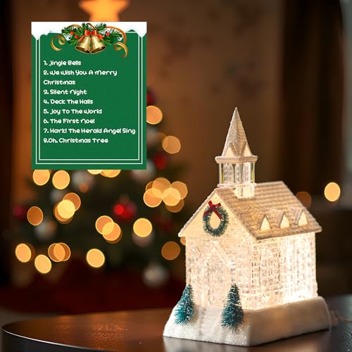 Christmas Lighted Church Water Lantern Snow Globe with Evergreens and Wreath