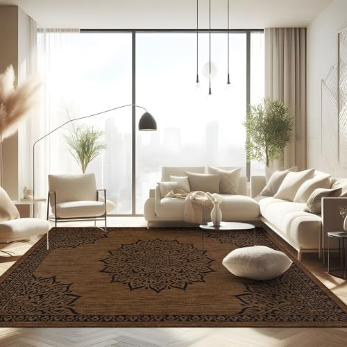 Outdoor Rug 10x14 Medallion Nut Brown Black Modern Area Rugs for Large Indoor and Outdoor Patios