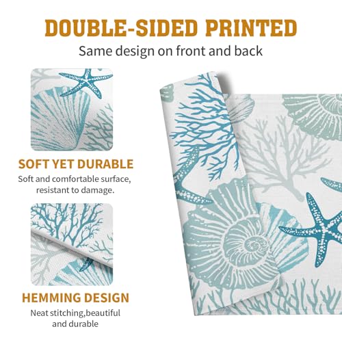 Nautical Coastal Blue Placemats Set of 4 Summer Teal Turquoise Beach Theme Linen Table Mats Ocean Coral Seashell Starfish Decorative Place Mats for Party Kitchen Dining Outdoor Indoor Decor