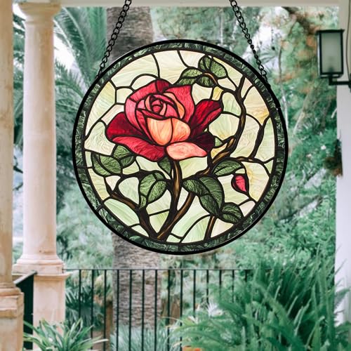 Stained Glass Window Hanging Red Rose Suncatcher Gifts for Women 9.8"