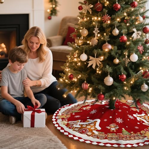 Red Gingerbread Christmas Tree Skirt Decorations House Decor Christmas Gingerbread Tree Ornaments Holiday Party Indoor Outdoor Xmas Trees Mat 48 inches