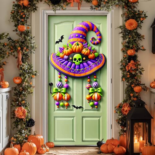Halloween Entryway Banner Witch Hat Skull 35x71 Inch Polyester