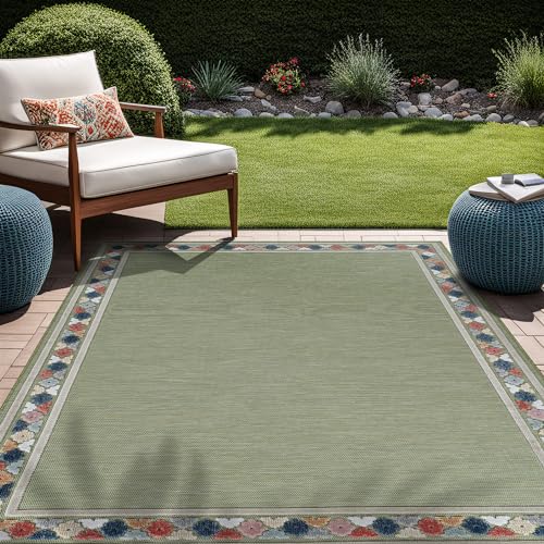Outdoor Rug 5x7 Modern Bordered Area Rugs for Indoor and Outdoor Patio Easy to Clean Non Shedding Living Room Porch Garden Washable Outside Carpet