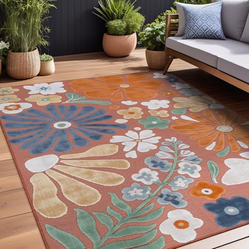 Outdoor Rug 10x14 Large Modern Floral Tropical Area Rugs for Outdoor and Indoor Patio Easy to Clean Non Shedding Living Room Porch Garden Washable Outside Carpet (140 Sq Ft)