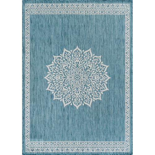 Outdoor Rug 6x9 Medallion Aqua Modern Area Rugs for Indoor and Outdoor Patios Kitchen and Hallway Mats Washable Porch Deck Outside Carpet (60 Sq Ft)