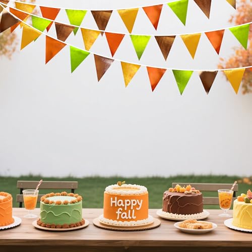 Fall Party Decorations Orange Green Gold Brown Metallic Fabric Triangle Pennant Flag Bunting Banner for Fall Autumn Thanksgiving Wedding Birthday Baby Shower Bridal Shower Engagement Party Supplies (36 Count)