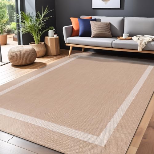 Bordered Outdoor Rug 8x10 Washable Outside Carpet for Indoor Patio Porch Waterproof Easy Cleaning Non Shedding Area Rugs Beige 8 x 10