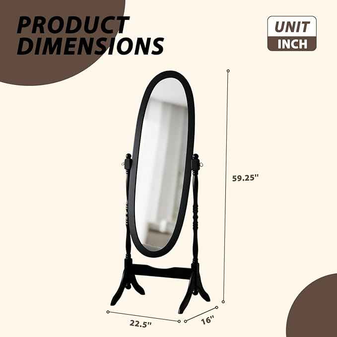 Full Length Mirror with Stand, Vintage Style Wood Floor Cheval Mirror, Traditional Adjustable Free Standing Mirrors Full Length (Black)