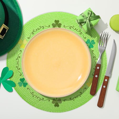 4Pcs Round St. Patrick's Day Placemats 13.4 Inch Embroidered Place Mats Green Shamrock Clover Dinner Table Mats for Home Spring Irish Holiday Birthday Party Decor (4 Count)
