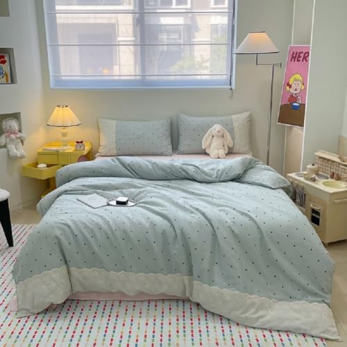 Romantic Lace Comforter Set Queen Cute Polka Dots Comforter with 2 Pillowcases Fluffy Soft Microfiber Black Dots Bedding Set for Teens Girls Lightweight Princess Style Queen Comforter Set