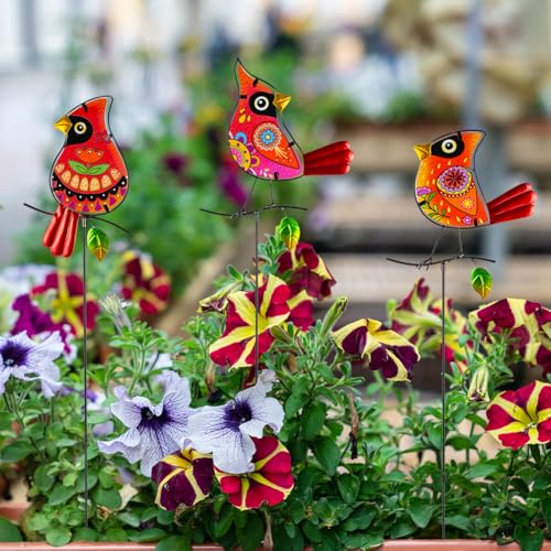 Set of 3 Cardinal Stained Glass Decorative Garden Stakes (3 Count)