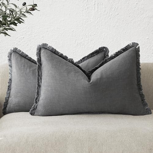 Decorative Linen Fringe Lumbar Throw Pillow Covers 12×24 Gray (2 Count)