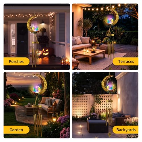 Solar Moon Wind Chimes for Outside Color Changing Unique Birthday Mom Gifts for Women Mom Grandma Crackle Glass Ball LED Wind Chimes Solar Lights Outdoor Garden Decor Light for Patio Yard Backyard