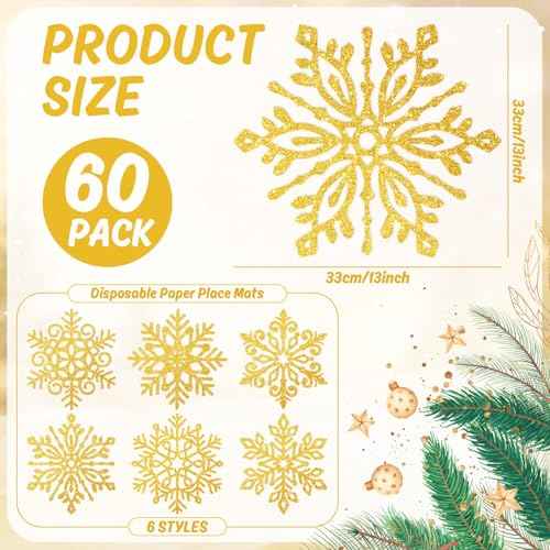 60Pcs Christmas Snowflake Paper Placemat Disposable Gold Glitter Snowflake Shaped Dining Table Setting for Winter Xmas Holiday Wedding Birthday Party Kitchen (60 Count)