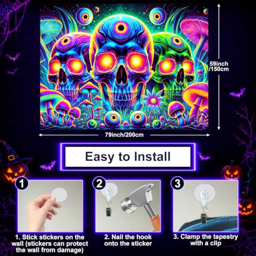 Blacklight Tapestry Skull Meditation Neon Decor 78 x 59 Inch