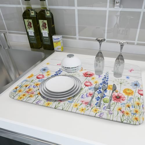 Spring Summer Dish Drying Mat for Kitchen Counter Farmhouse Watercolor Floral Super Absorbent Reversible Microfiber Kitchen Countertop Protector Dishes Pad Large 18x24 inch