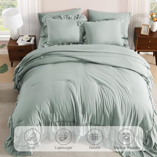 Full Size Comforter Set Sage Green Ruffle 7 Pieces Farmhouse Bed in a Bag