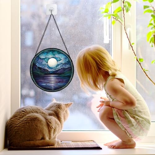 Blue Moon Lake Stained Glass Window Hanging Suncatcher Gift for Women 6.3"