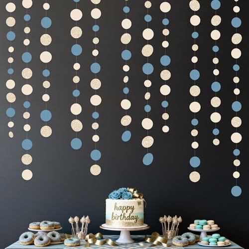Champagne Gold Dusty Blue Beige Circle Dot Garland Hanging Paper Polka Dot Streamer for Men Birthday Wedding Bridal Shower Retirement Engagement Bachelorette Party Decorations Supplies
