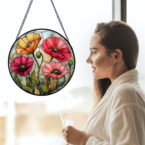 Poppy Flower Stained Glass Window Hanging Suncatcher Gifts for Women 6.3"