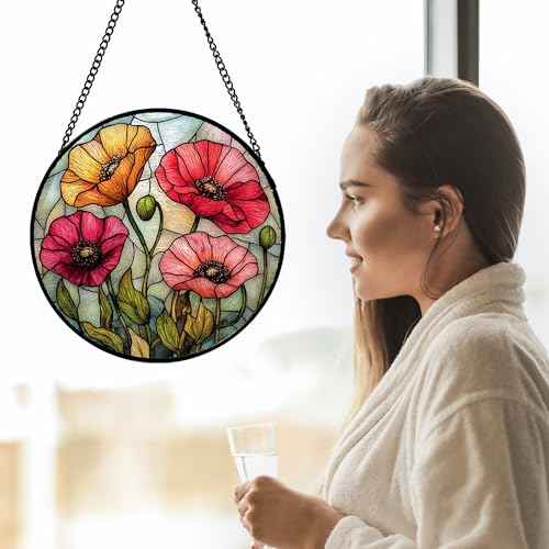 Poppy Flower Stained Glass Window Hanging Suncatcher Gifts for Women 9.8"