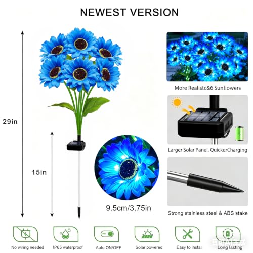 Solar Sunflower Lights 4 Pack with 24 Blue Sunflower Solar Lights Outdoor Waterproof (24 Count)