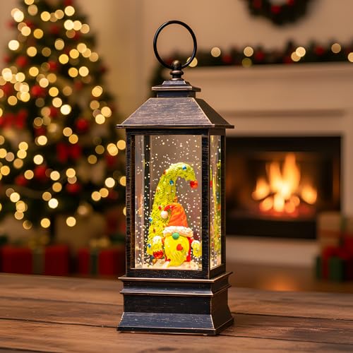 10'' Christmas Gnomes Snow Globe Lantern Lighted Whimsical Christmas Tree & Scandinavian Santa Elf Musical Water Lantern Swirling Glittering Home Decoration and Gift