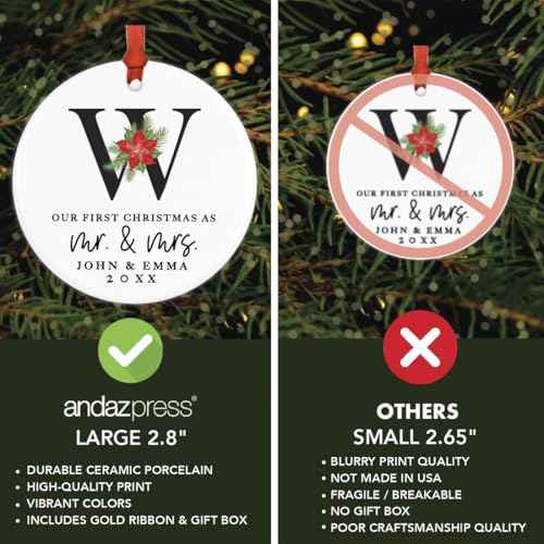 Personalized Our First Christmas As Mr. & Mrs. 2026 Christmas Ornaments Monogram Poinsettia 2.8" Round Porcelain Ceramic 1st Year Married Custom Ornament Keepsake for Newlyweds 1