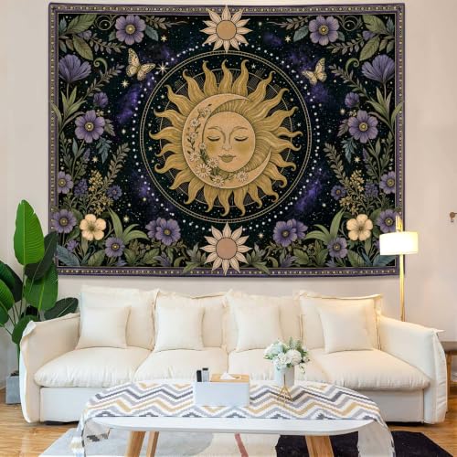 Boho Vintage Sun and Moon Hippie Purple Floral Tapestry 48 x 36 Inch