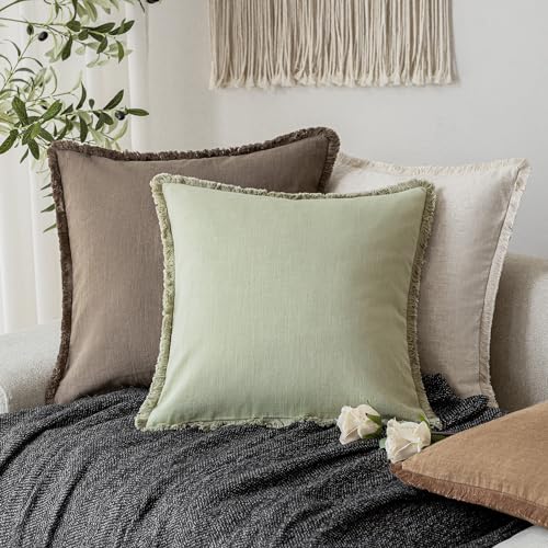 Decorative Linen Fringe Throw Pillow Covers 24×24 Light Green (2 Count)
