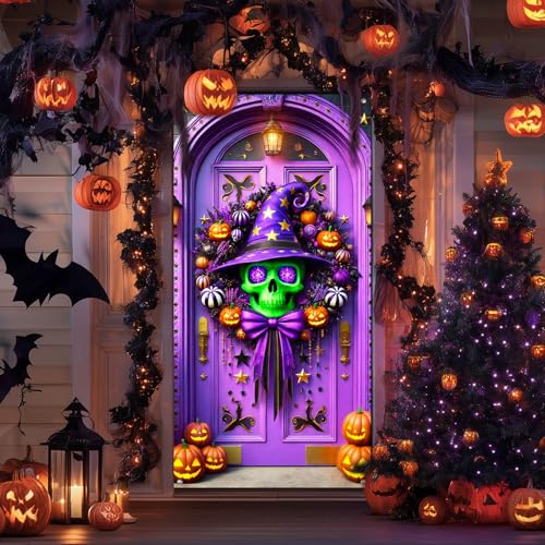 Halloween Entryway Banner Skull Witch Hat 35x71 Inch Polyester
