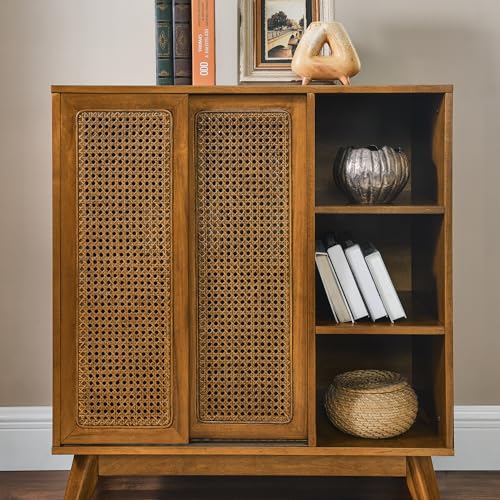 32" Mid Century Modern Rattan Sideboard Cabinet with 2 Sliding Doors