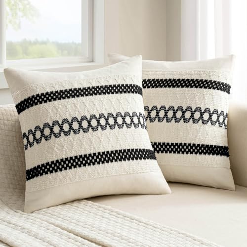 Set of 2 Black Boho Decorative Pillow Covers 20x20 Inch (2 Count)