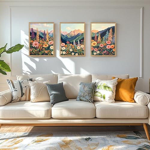 Wood Framed Boho Moutain Wildflower Wall Art Set of 3 (3 Count)