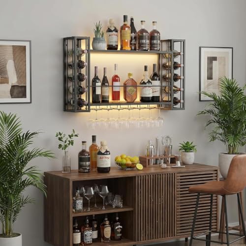 40" Wall Mounted Wine Rack with LED Lights & Wine Glass Rack