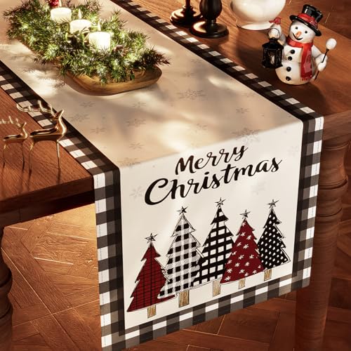 Christmas Table Runner Snowflakes Xmas Tree Decorations with Black Buffalo