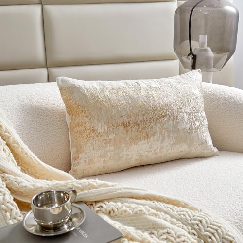 Cream Champagne Metallic Jacquard Lumbar Throw Pillow Cover 12x20 Velvet Back Modern Glam Sofa Decor