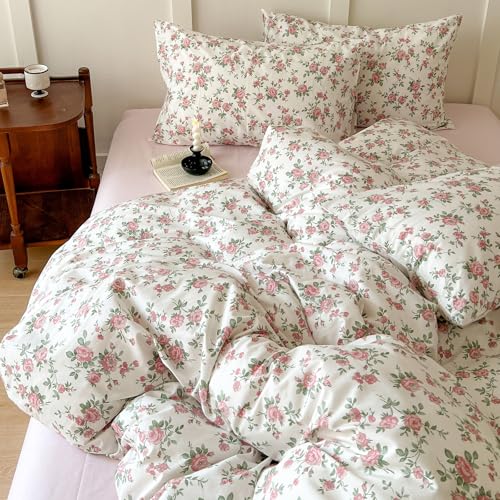 Vintage Floral Comforter Set King Aesthetic Rose Flowers Pattern Comforter Cottagecore Bedding Set 3 Pieces Farmhouse Botanical Comforter Set Soft Lightweight Bedding Comforter King Size