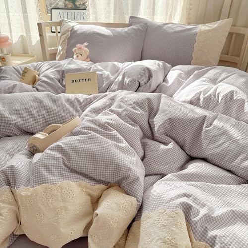 Purple Gingham Comforter Set Queen Romantic Lace Style Checkered Pattern Comforter Set Farmhouse Purple Grid Plaid Bedding Comforter Queen Fluffy Soft Lightweight Gingham Bedding Set
