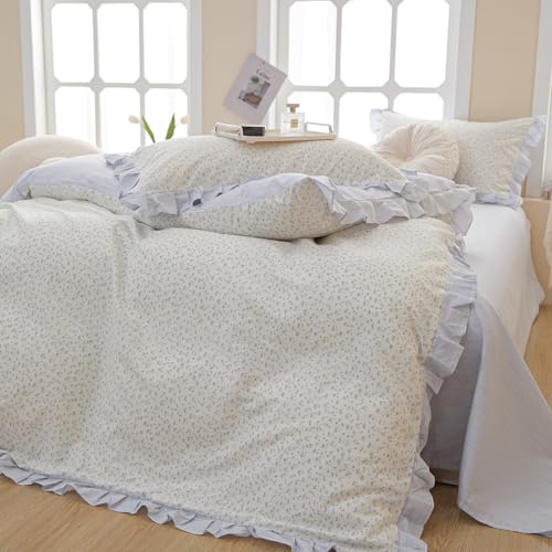 Twin XL Comforter Set Blue Floral Bedding Comforter Fluffy Soft Microfiber Cottagecore Bedding Set Floral Ruffle Comforter with 2 Pillowcases Cute Flower Botanical Comforter Set for Teen Girls (3 Piece Set)
