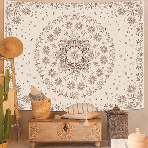 Boho Floral Mandala Tapestry Wall Hanging Bohemian Flower Medallion Tapestry Aesthetic Beige Brown Hippie Indian Small Tapestries for Bedroom Living Room Dorm Decor 40 x 30 Inch