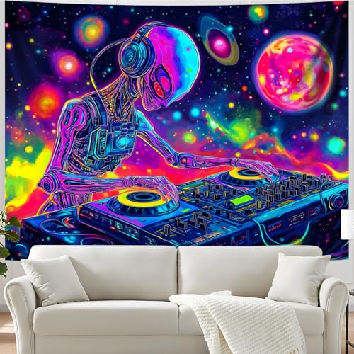 Blacklight Space Astronaut Tapestry UV Reactive Galaxy Planet Glow in Dark Tapestries Black Light Poster Neon Wall Hanging Art for bedroom Living Room