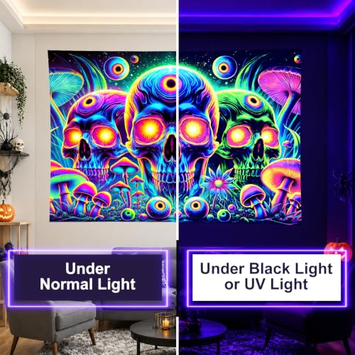 Blacklight Tapestry Skull Meditation Neon Decor 78 x 59 Inch
