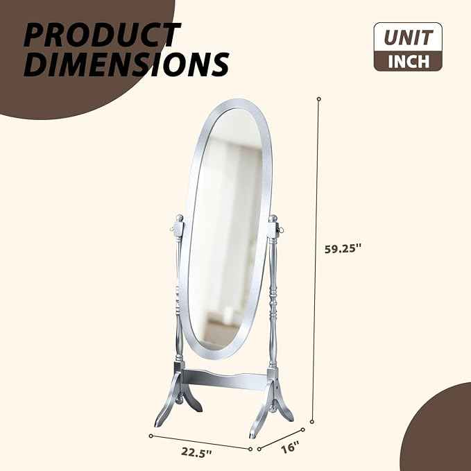 Full Length Mirror with Stand, Vintage Style Wood Floor Cheval Mirror, Traditional Adjustable Free Standing Mirrors Full Length (Silver)