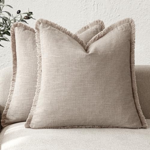 Decorative Linen Fringe Throw Pillow Covers 26×26 Natural Linen (2 Count)