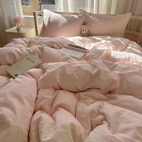 Pink Gingham Comforter Set Twin XL Fluffy Soft Princess Style Girls Lace Bedding Set Vintage Plaid Checkered Comforter with 2 Pillowcases Farmhouse Gingham Bedding Grid Bed Comforter Set